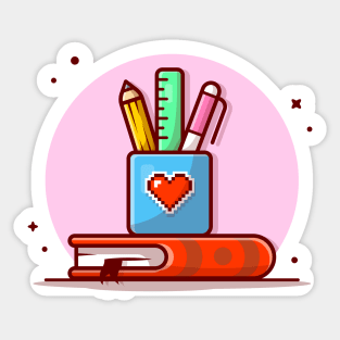 Stationery with Ruler, Pencil, Pen and Book Cartoon Vector Icon Illustration Sticker